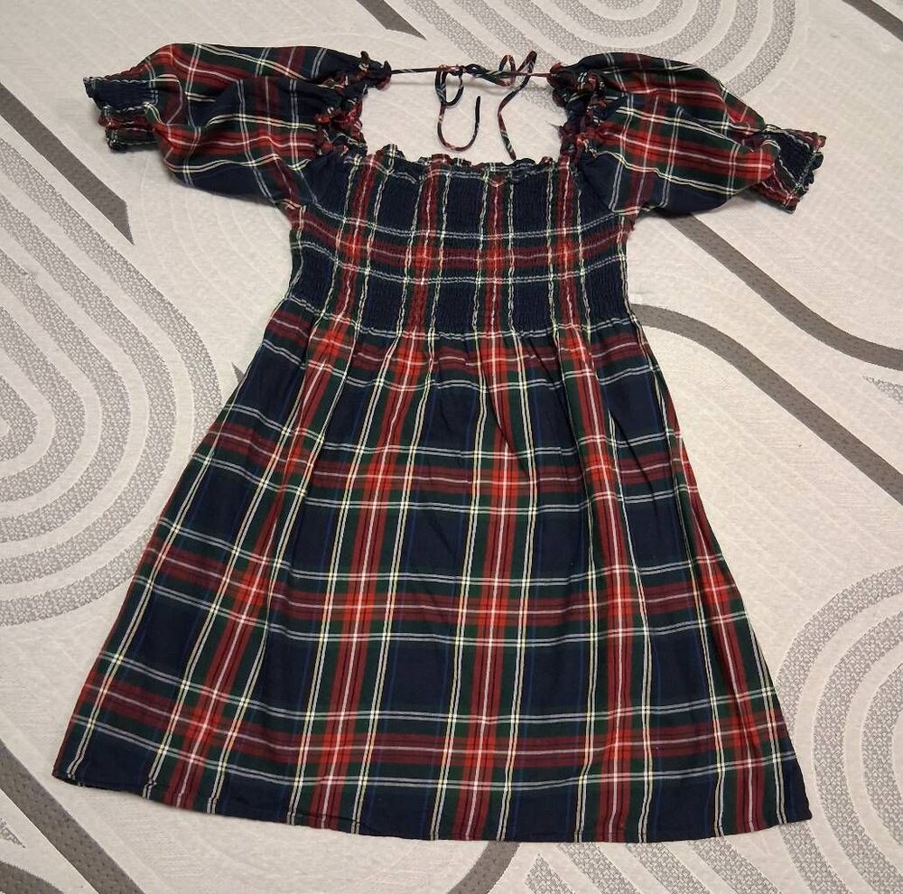 Hill house the nap dress womens small red blue plaid square neck smocked